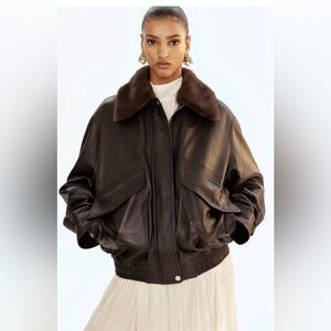 H&M OVERSIZED LEATHER JACKET SZ S BROWN BOMBER